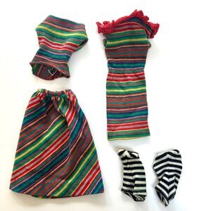Vintage Barbie clothes, 2 zebra swimsuits, dress, top/skirt